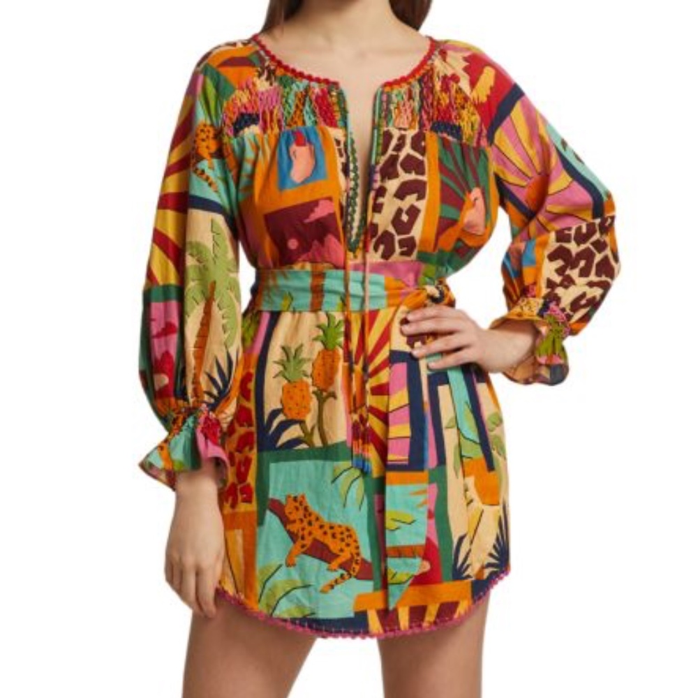 NWT - FARM RIO Tropical Collage Linen-Blend Tunic Dress